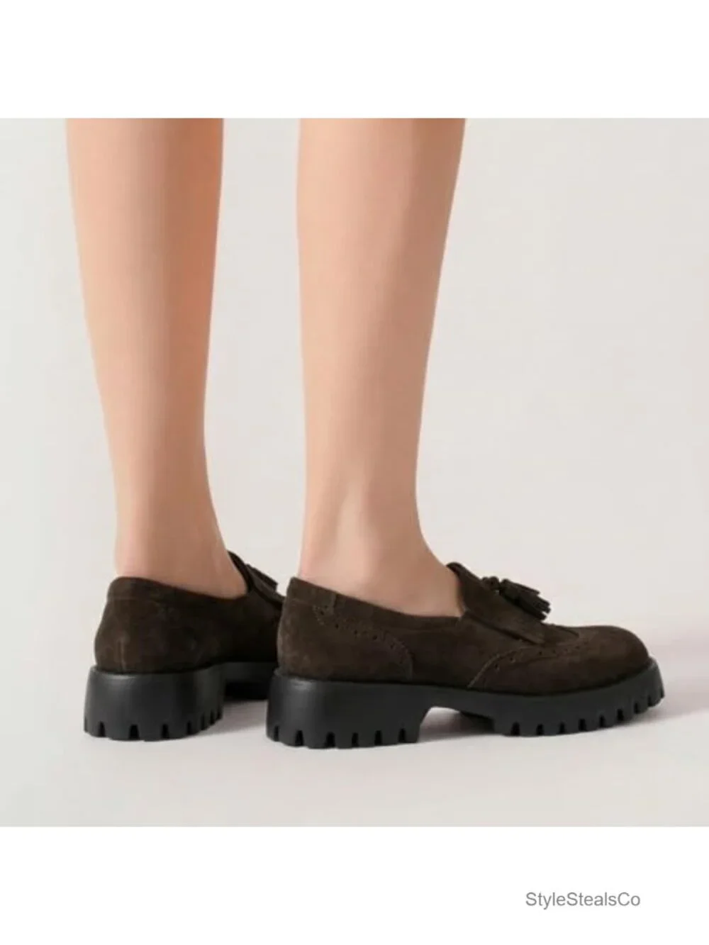 Genuine Cow Suede Chunky Loafers with Tassel Brogue Design - 1.97in Block Heel